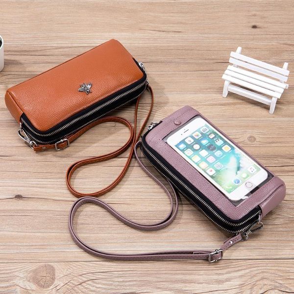 

evening bags 2021 touch-screen mobile phone bag leather horizontal double zipper multifunctional large-capacity diagonal