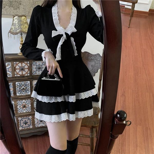 

casual dresses one piece dress korean winter women elegant vintage black v-neck bow lace slim mini gothic party female 2021 autumn, Black;gray