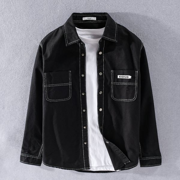 

2021 new autumn and spring long sleeve 100% cotton black shirt brand retro solid for men thick shirts of jackets mens camisa 2zop, White;black