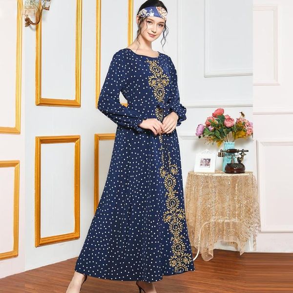 

ethnic clothing elegant casual dress for muslim women with gold embroidery and long polka dot print sleeve european, Red