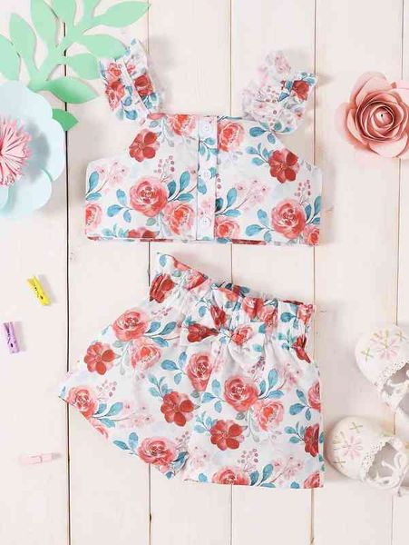 

baby floral print frill trim cami & bow front shorts she, Blue
