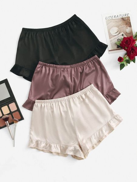 

plus 3pcs ruffle hem satin sleep shorts k276#, Black;white
