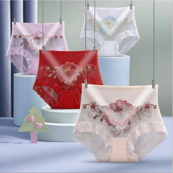 

women's panties high-waist lace embroidery transparent seamless mesh temptation ice silk large size briefs, Black;pink