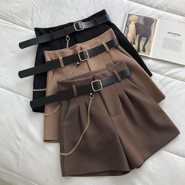 

women's shorts 2021 high waist thin a-line suit female wide legged korean style casual short pants office with belt, White;black