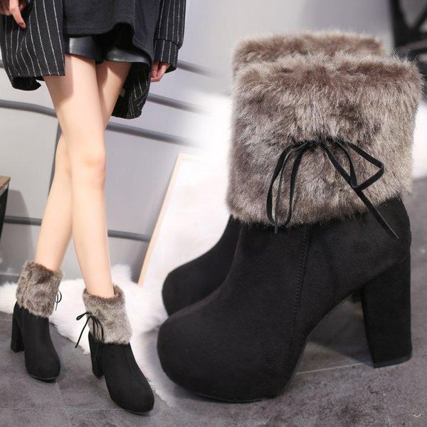 

boots winter thick with women's shoes high-heeled frosted 698, Black