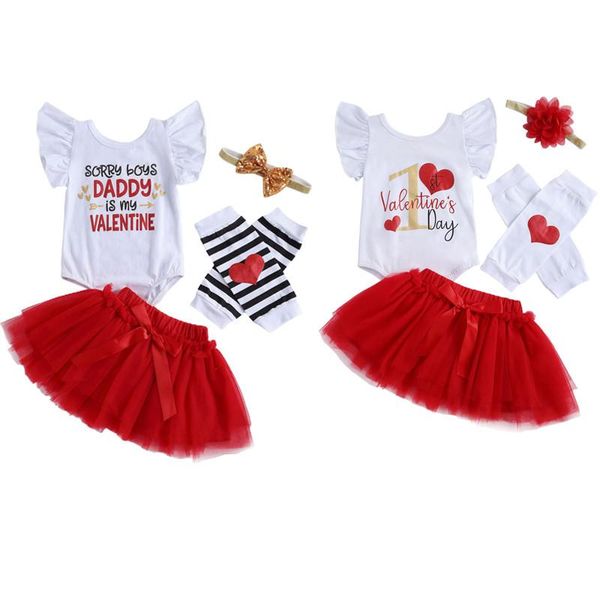 

valentine's day baby girls 0-24m clothes sets letter print ruffles short sleeve romper lace tutu skirts headband leg warm, White