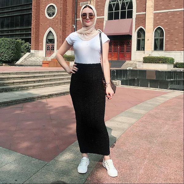 

faldas mujer moda muslim knitted high waist maxi pencil long skirt jupe longue skirts womens clothing jupe crayon femme, Black