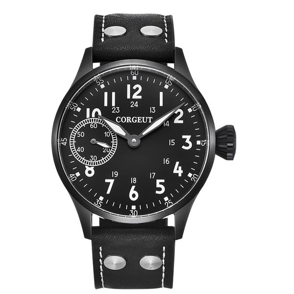 

corgeut 44mm fashion mechanical mens watch 17 jewels hand winding 6497 st3600 clock luminous leather strap wristwatch men, Slivery;brown