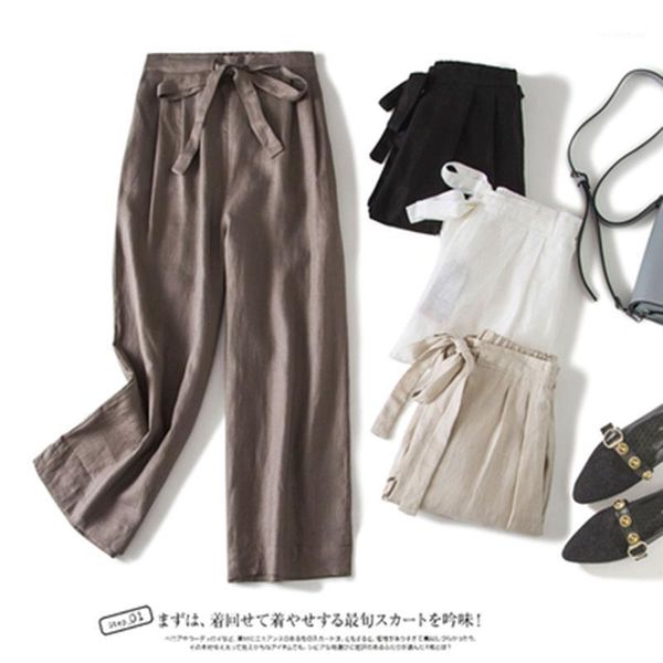 

summer women arts style loose casual elastic waist wide leg pants all-matched vintga cotton linen ankle-length a680 women's & capris, Black;white