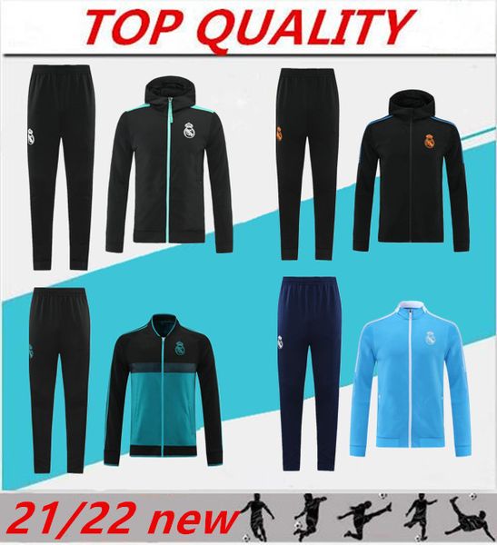 

hooded tracksuit 2021 2022 real madrid soccer training suit jacket 21/22 camiseta de futbol hazard benzema modric jogging football sets, Black