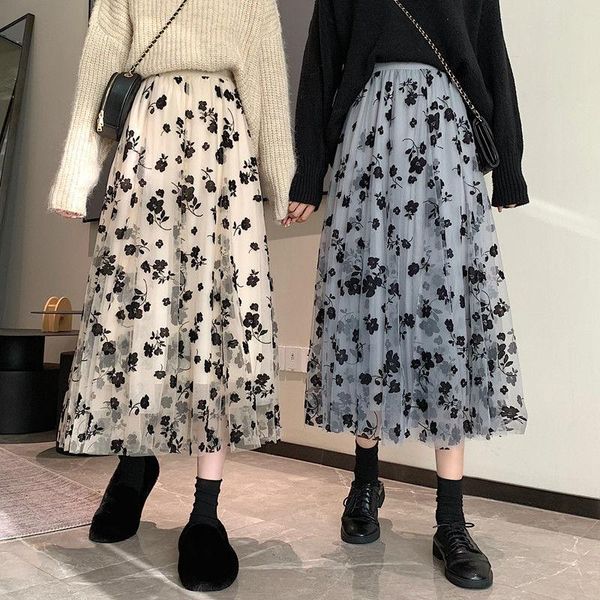 

skirts mesh floral winter women's high waist a- line woman faldas jupe, Black