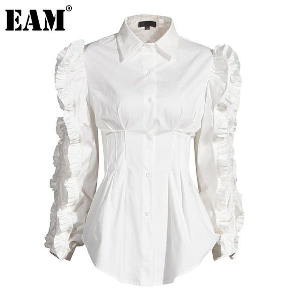 

eam] women white ruffles split temperament blouse new lapel long sleeve loose fit shirt fashion tide spring autumn 2021 1da247