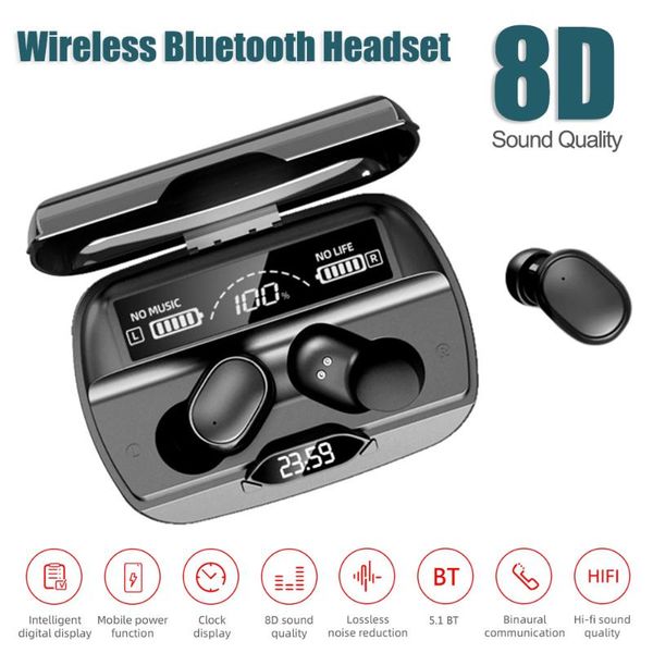 

headphones & earphones wireless bluetooth 5.1 ipx4 waterproof auto pairing power earbuds with clock display 8d noise reduction effect
