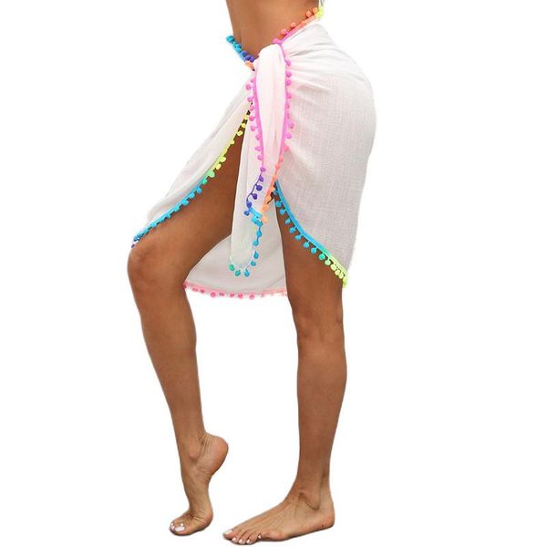 

women's swimwear tassel bikini cover up wrap skirt women solid pareo beach sarong beachwear colorful-ball cover-ups swimsuit woman 2021, White;black