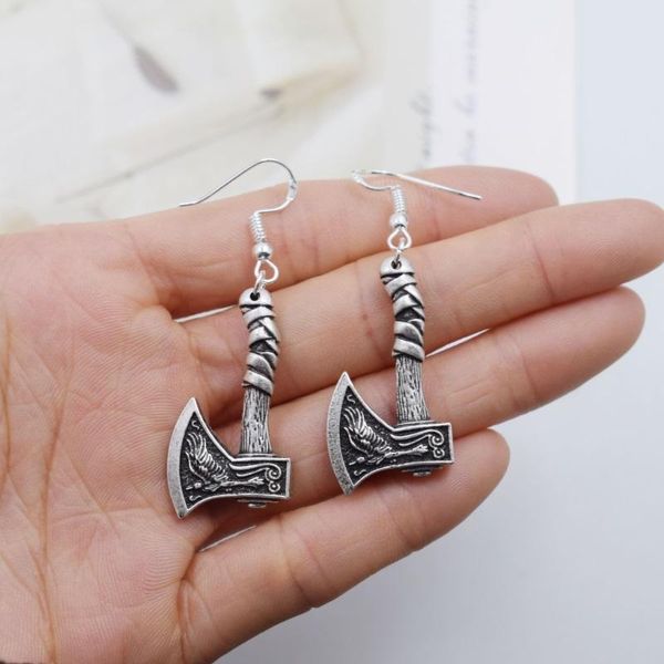 

dangle & chandelier nordic viking hammer ax pendant earrings scandinavian slavic wolf raven battle axe ear jewelry, Silver