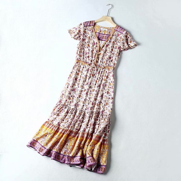 

2021 new women vintage floral print midi summer short sleeve v-neck boho dress casual beach holiday dresses pkou, Black;gray