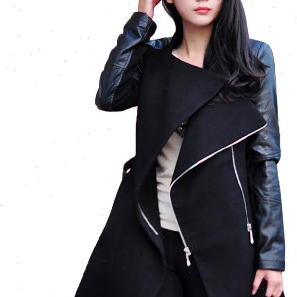 

winter coats women autumn fashion zipper leather patchwork v neck solid casual slim overcoats female outer, Black