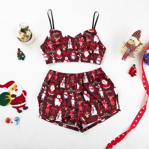 

cartoon pattern christmas pajamas women sleepwear satin two piece set langerie v neck camis split shorts home suit, Black;red