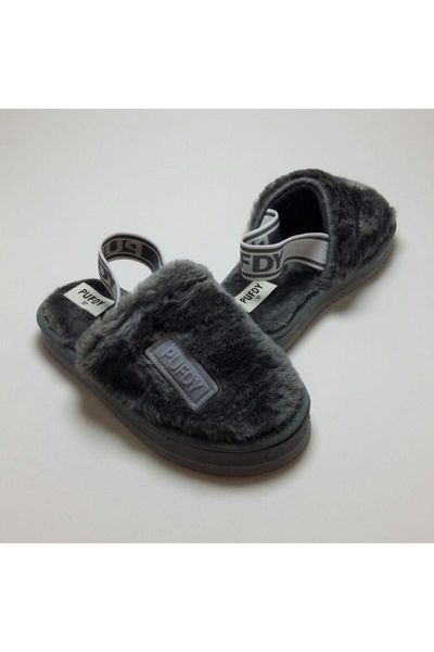 

slippers women back wheel plush home slipper-gray, Black