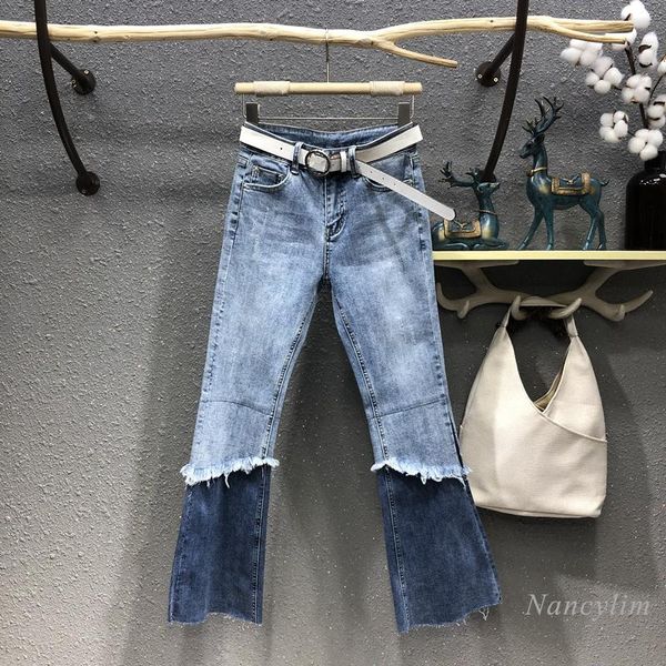 

2021 spring new ripped tassel stitching contrast color flared denim pants women's slim stretch jeans fashion female clothes, Blue