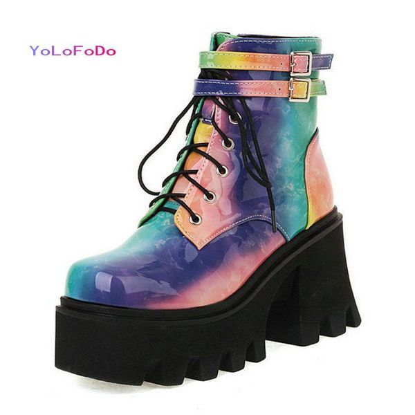 

boots 2021 autumn winter women ankle platform square high heel ladies motorcycle pu leather mixed color lace up boo, Black