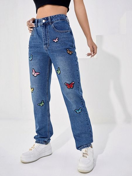 

zipper fly butterfly patched jeans o6qh#, Blue