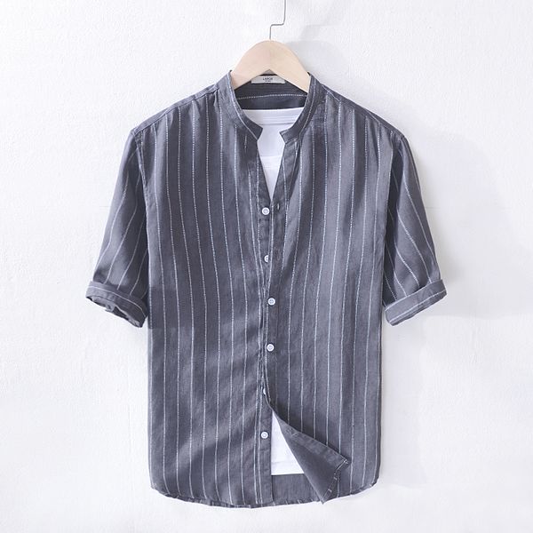 

2021 new arrival italy brand linen shirts fashion stripe black gray mens casual summer shirt men stand collar chemise nqbf, White