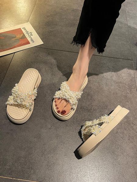 

slippers flip-flops women's outer wear fashion summer 2021 net red ins wind wild pearl beach sandals platform shoes, Black