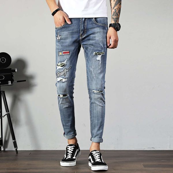 

men's trend slim little feet fashion patch casual pants coolwinter, Blue