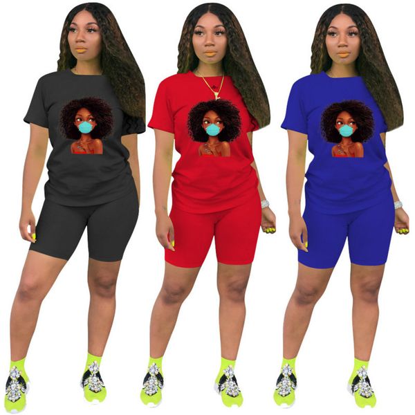 

2021 new cartoon print short sleeve shorts women two piece outfits summer european and american fashion sports casual suit r6mn, Gray