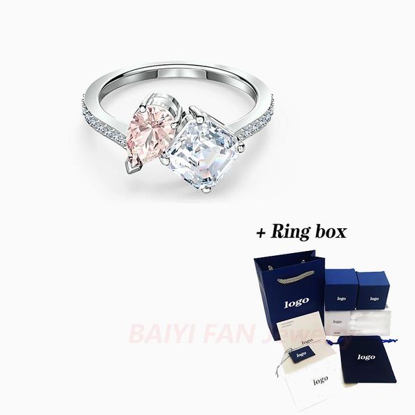 

cluster rings 2021 fashion swa attract soul ring pink water drop a square decoration crystal female romantic generous engagement gift, Golden;silver