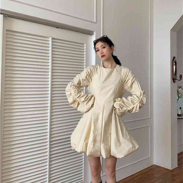 

casual dresses 2021 fashion women puff sleeve ruched long tunic stereo bud mini korean autumn spring 5cij, Black;gray