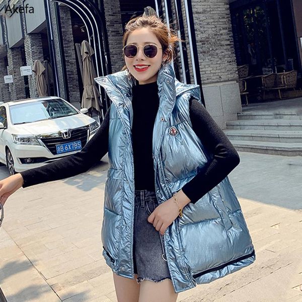 

women's vests 2021 winter shiny long cotton vest for women plus size thicken loose mujer outwear stand collar hooded casual sleeveless, Black;white