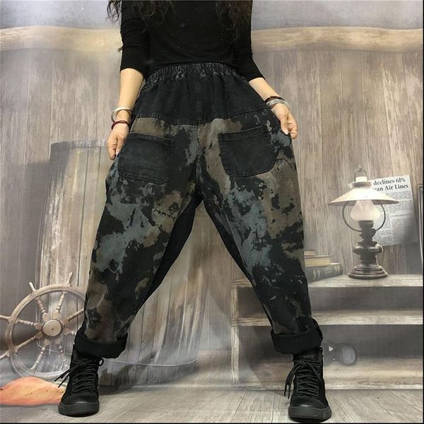 

autumn new arts style women elastic waist loose casual jeans splice vintage print cotton denim harem pants female jeans s264, Blue
