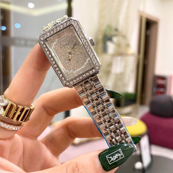 Orologi di marca da donna Lady Girl Beautiful Crystal Rectangle Style Metal Steel Band Quartz Orologio da polso di lusso CH44