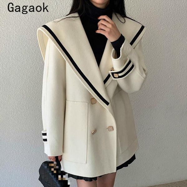 

women's wool & blends gagaok patchwork women 2021 spring autumn pockets button lapel loose chic korean outwear warm fashion coats, Black