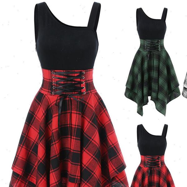 

2021 fashion womens dress fashion casual sleeveless cold shoulder cross tie plaid print irregular a line knee length dress 3.13, Black;gray