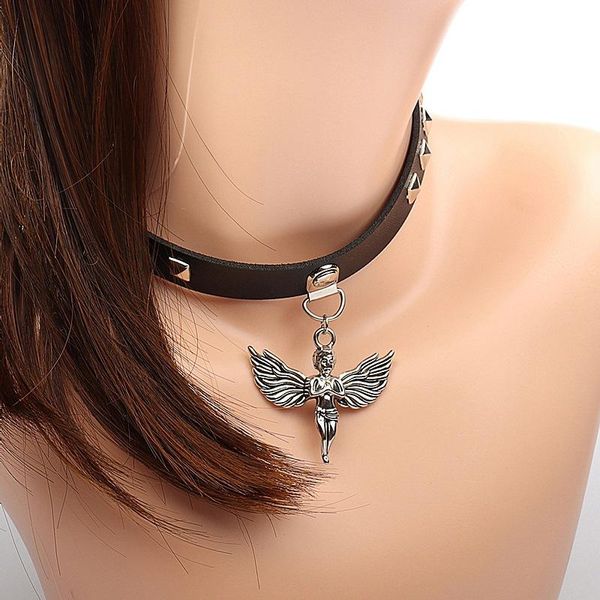

chokers women punk gothic leather choker chain cupid pendant buckle collar rivet goth necklace party grunge jewelry neck accessories, Golden;silver