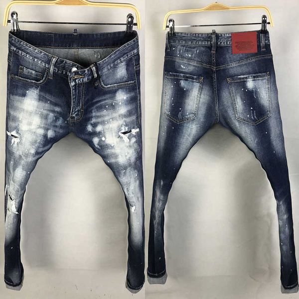 

men's jeans american street style fashion retro blue white washed slim fit ripped painted designer hip hop punk pants o692