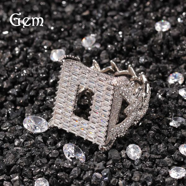 

new zirconium square hollow back men's ring hip hop fashion diamond ring, Silver