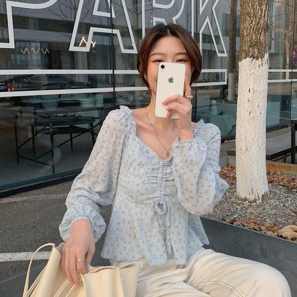

women's blouses & shirts women long sleeve retro shirring college crop female chiffon spring ladies elegant soft sweet holiday puff, White