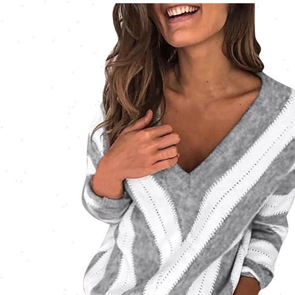 

jaycosia striped print v neck knitted sweater women plus size pullover warm autumn winter loose sweaters jumper 1016, White;black