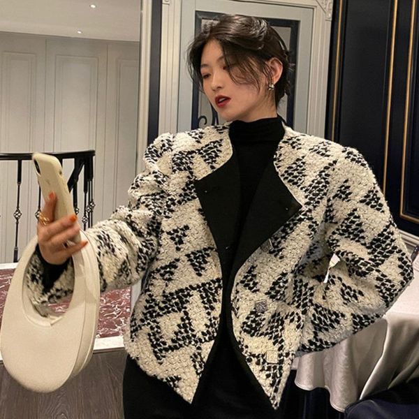 

2021 winter female fashion elegante casual turn down collar long sleeve minimalist panelled short tweed overcoat d218, Black