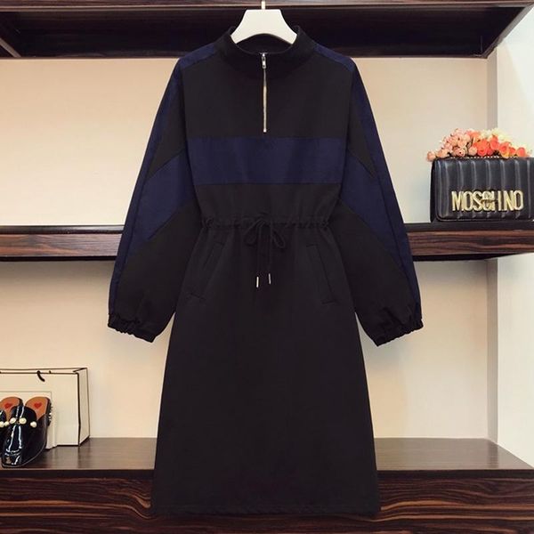 

casual dresses 4xl plus size women loose sport sweatshirts dress autumn winter 2021 long sleeve zipper patchwork female, Black;gray