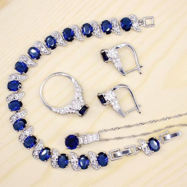 

earrings & necklace vintage bridal jewelry sets for women royal blue pendant crystal rings bracelet gift box, Silver