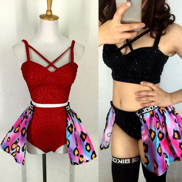 

nightclub pole dance performance clothing sparkly rhinestone bikini high waist shorts dj gogo singer costume rave outfit vdb2456, Black;red