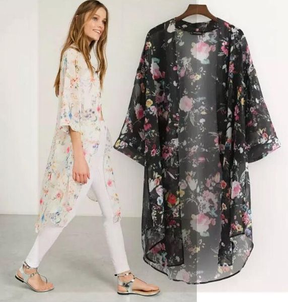 

women boho chiffon kimono cardigan cape bikini cover up floral long beach robe plage 2xl blouse black/beige saida de praia, White