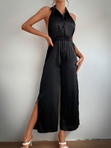 

satin halter backless shirred waist split thigh jumpsuit v857#, White