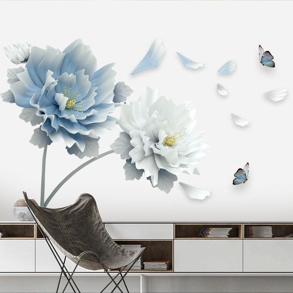 Adesivos de parede grandes flores azuis brancas 3d lótus borboletas decalques de arte mural sala de estar decoração de casa removível