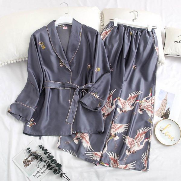 

new ice silk women pajamas 2 pieces fashion winter pajamas set casual print sleepwear women's home clothes long sleeve pyjamas, Black;red